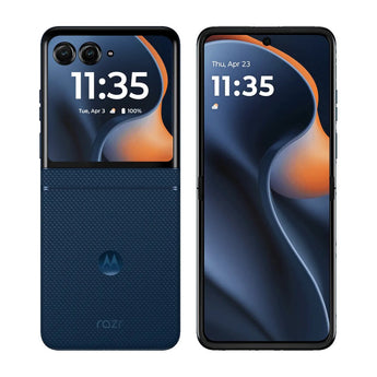 Refurbished Motorola Razr 60 in Gibraltar Sea, shown unfolded from the back and front