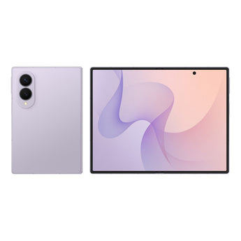 Refurbished Samsung Galaxy Z Fold8 in Lavender, shown folded from the back and unfolded from the front